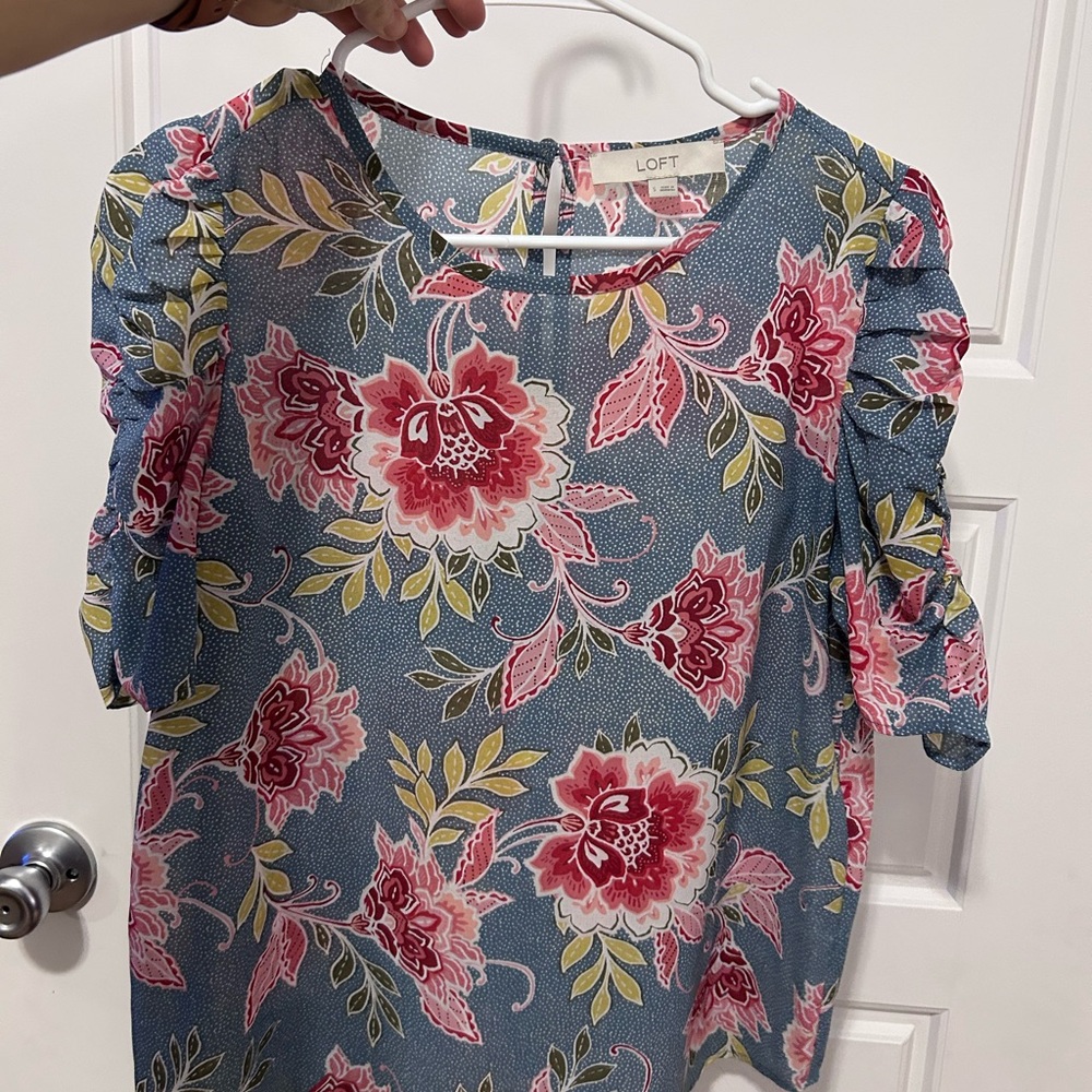 LOFT Blue Floral Blouse with Red and Yellow Accents